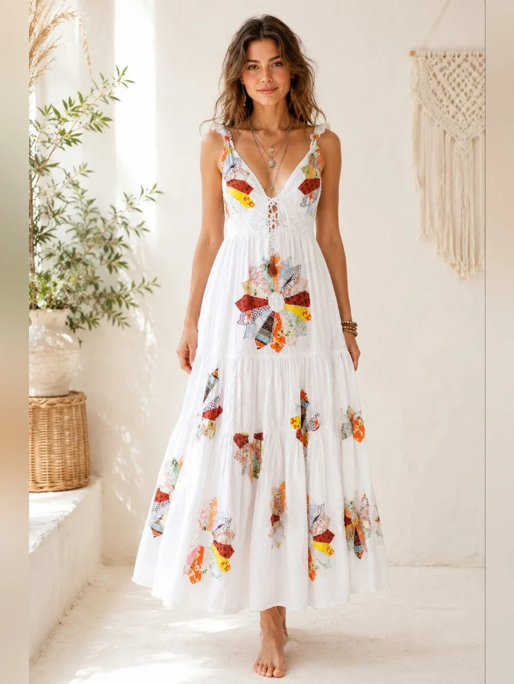 Urban Outfitters White With Multi Color Patchwork Maxi Dress | Size SP - Picture 3 of 5